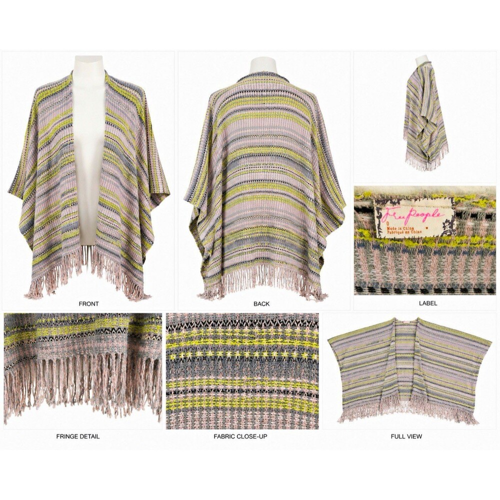 Free People Striped Ruana Poncho Fringe Open Front Gray Pink Yellow OS Boho